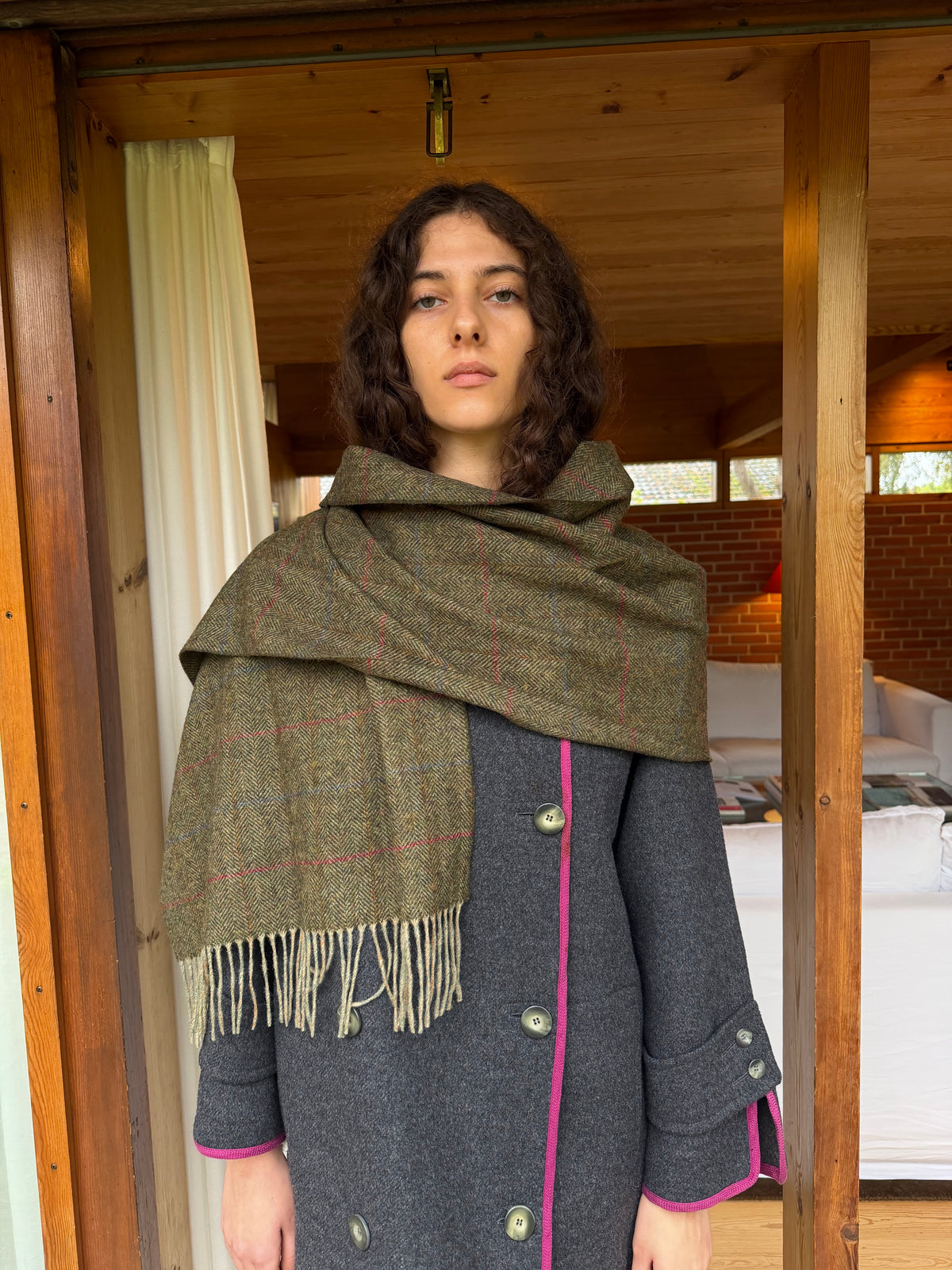 Lambswool Scarf, Olive Herringbone