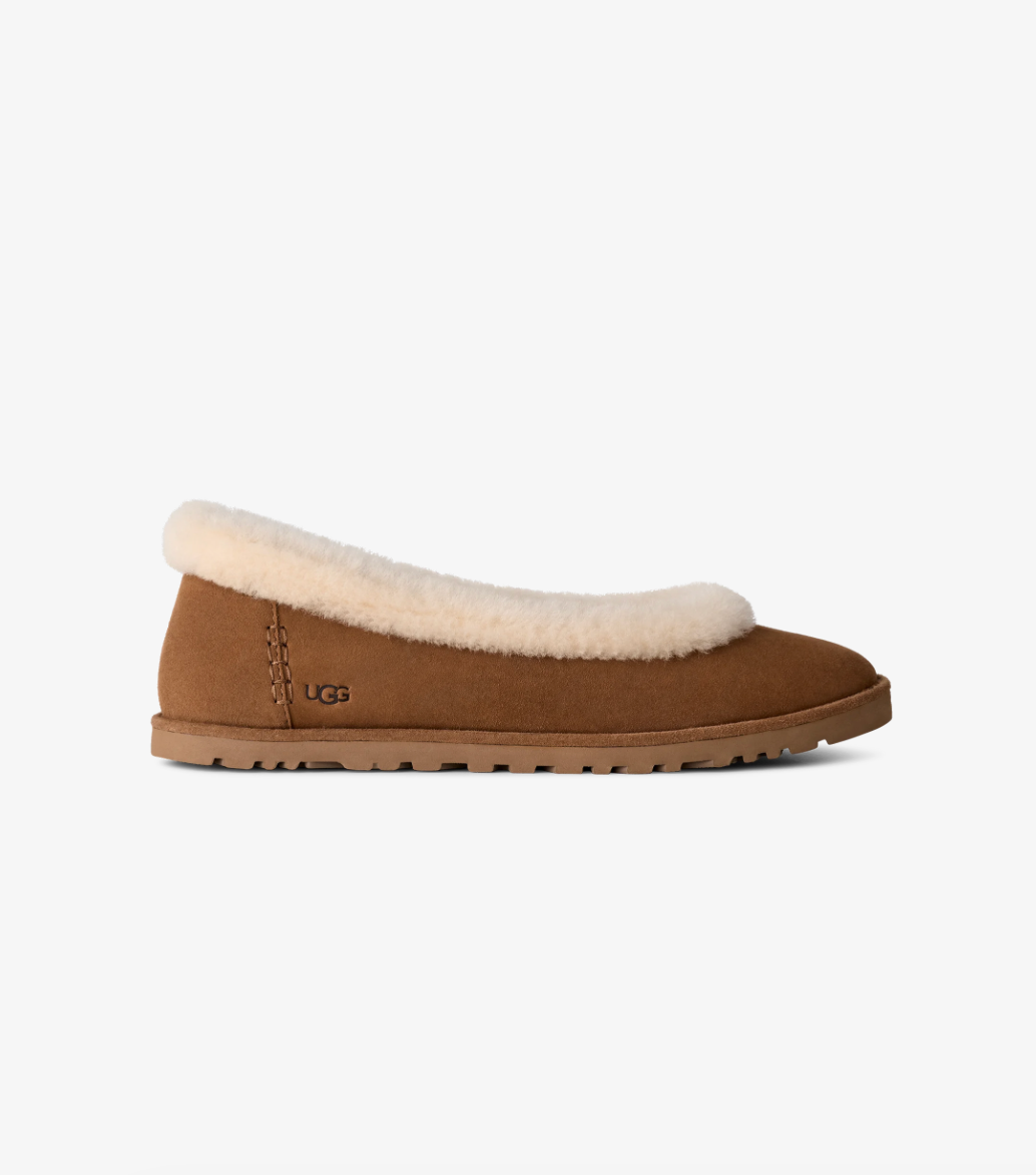 UGG Zora Ballet Flat women Chestnut suede with shearling trim