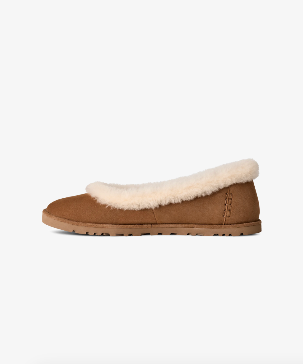 UGG Zora Ballet Flat women Chestnut suede with shearling trim