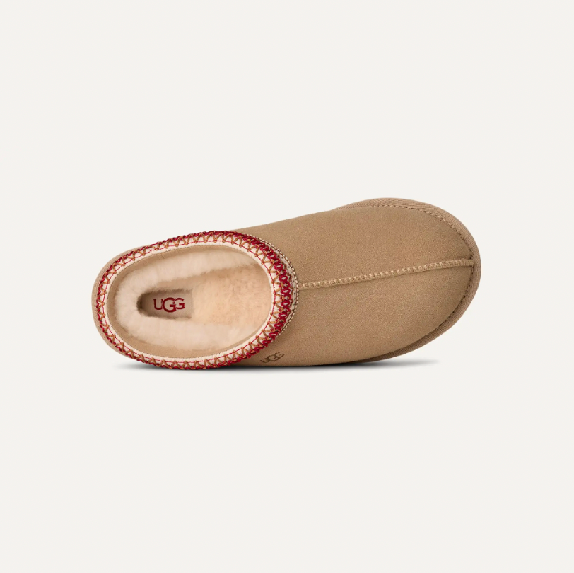 UGG Tasman II women Sand/Chestnut suede slip-on with embroidered braid