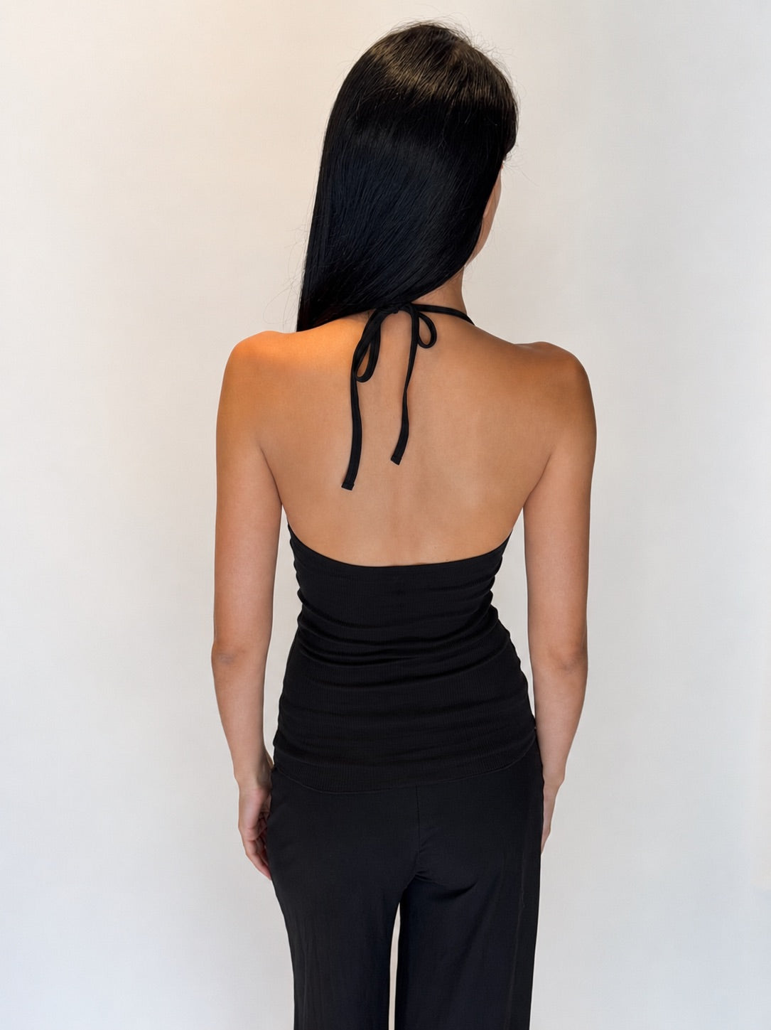 Back view of Wilma Ribbed Halterneck Top Black