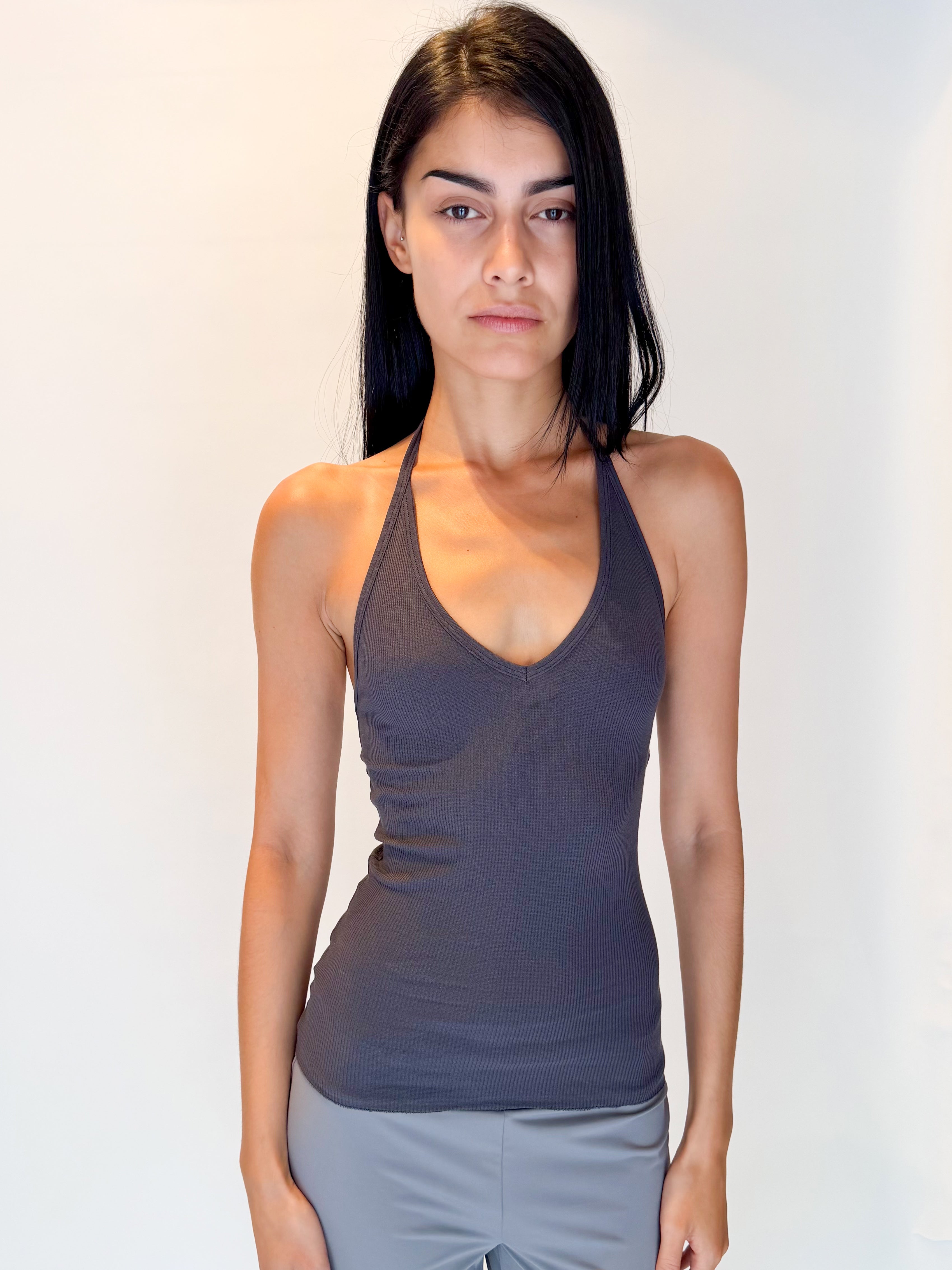 Wilma Ribbed Halterneck Top Dark Grey by Wilén Store