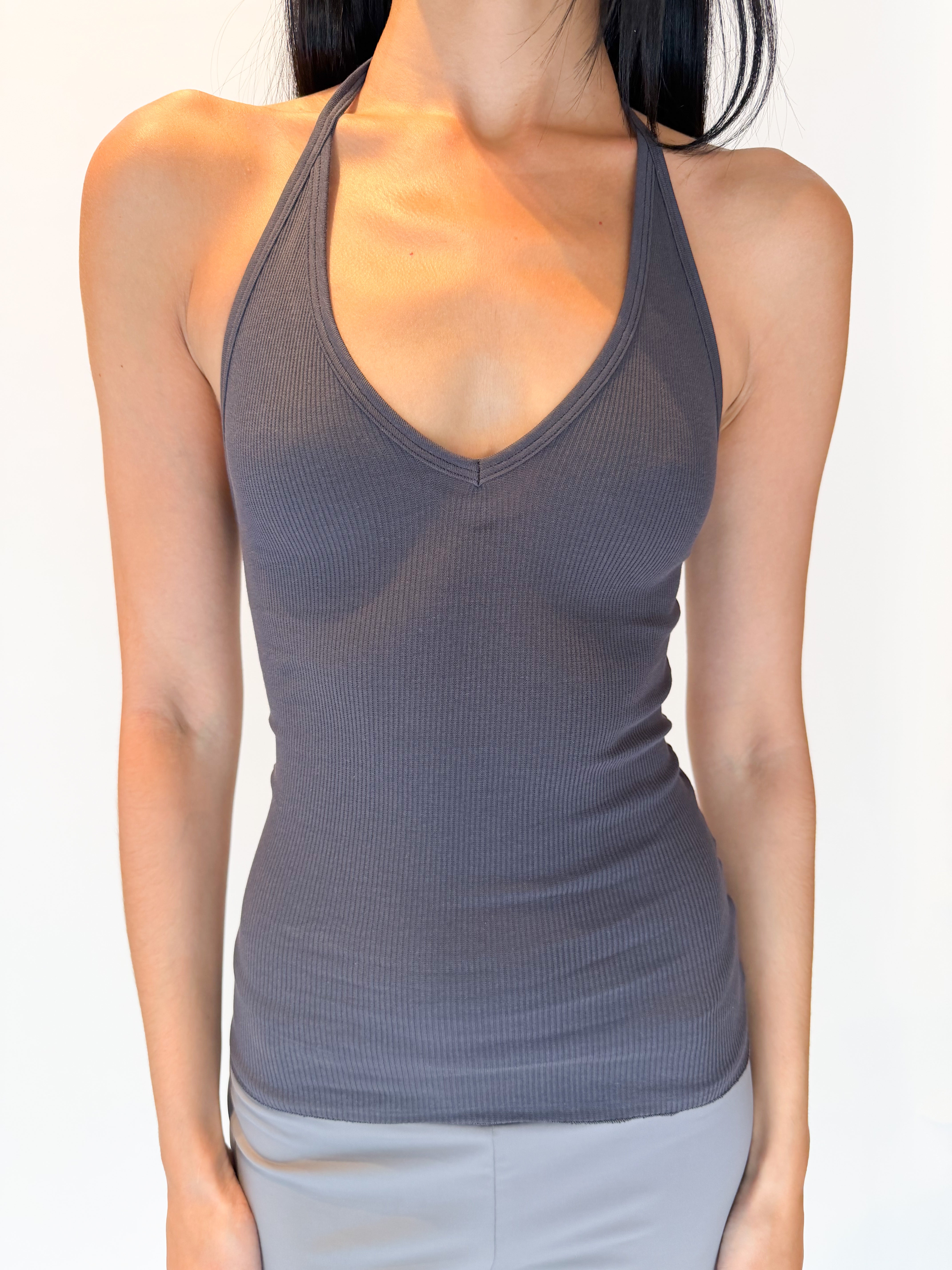 Close-up of Wilma Top Dark Grey in soft ribbed cotton fabric