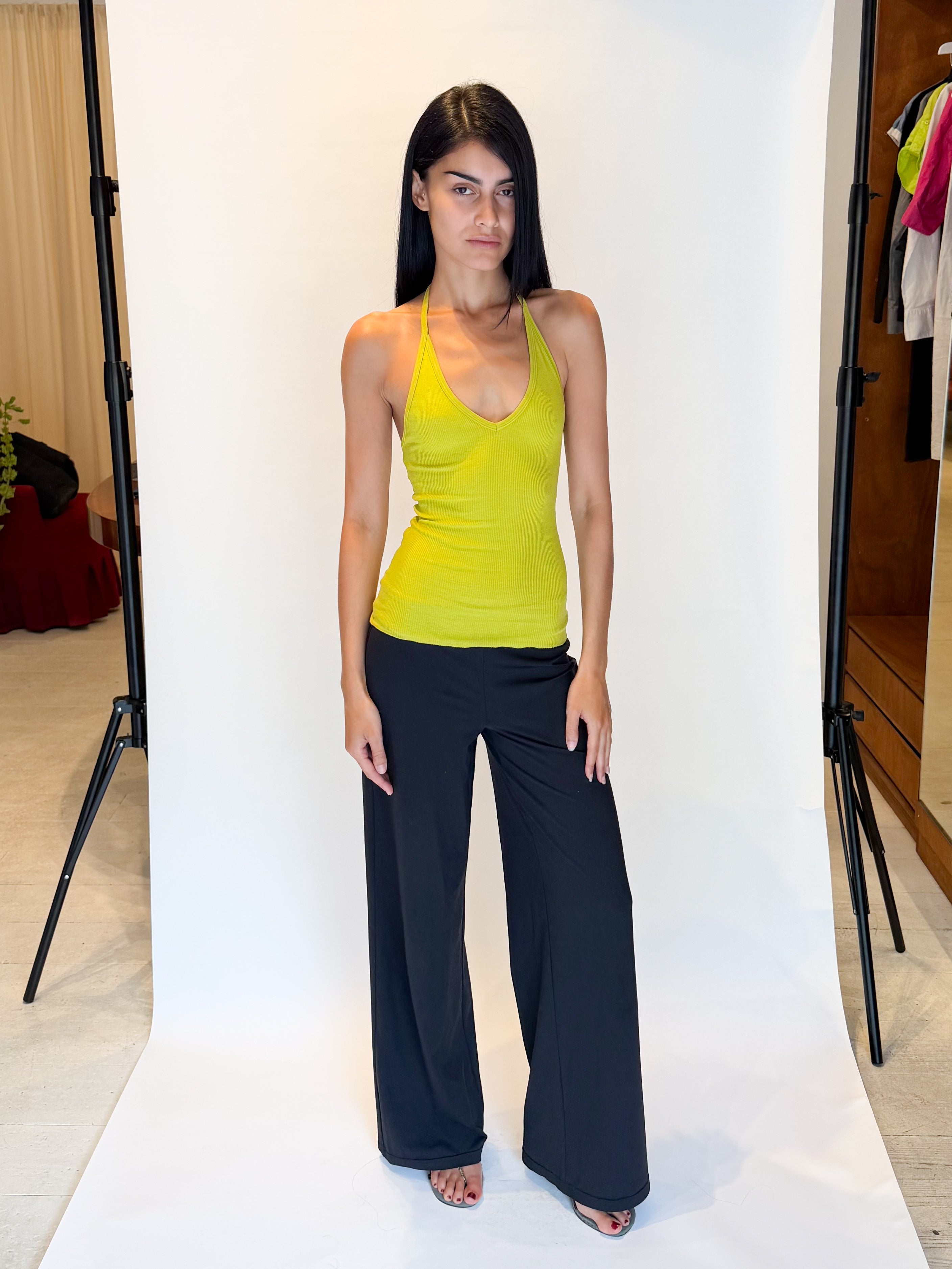 Model wearing Wilma Ribbed Halterneck Top Green