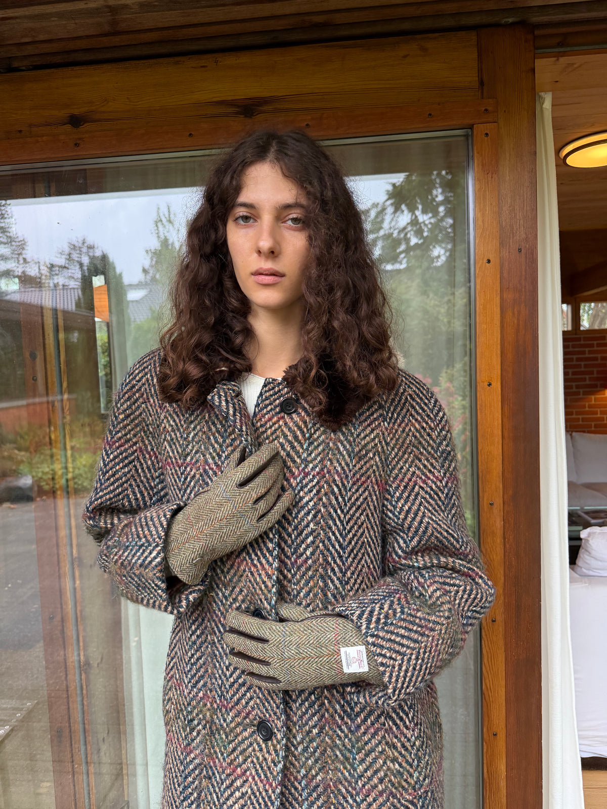Wool Gloves, Olive Herringbone