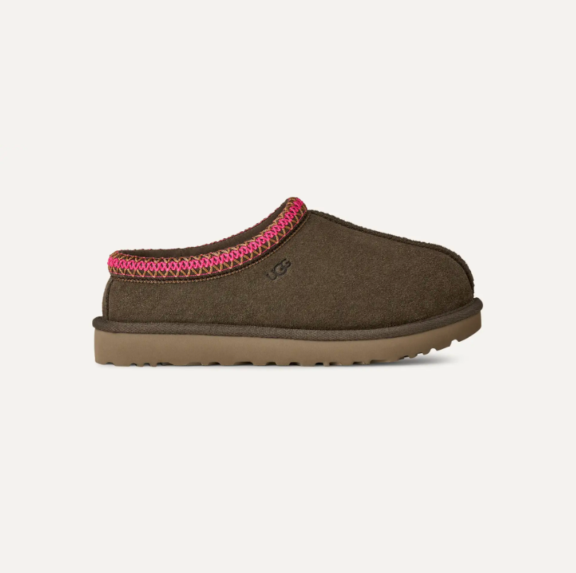 UGG Tasman II women Dense Smoke dark brown suede slip-on with pink braid