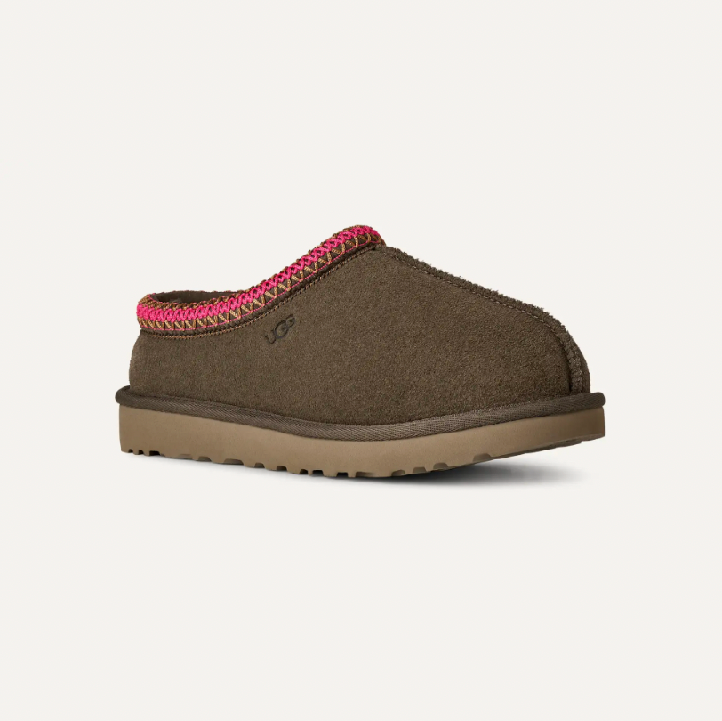 UGG Tasman II women Dense Smoke dark brown suede slip-on with pink braid