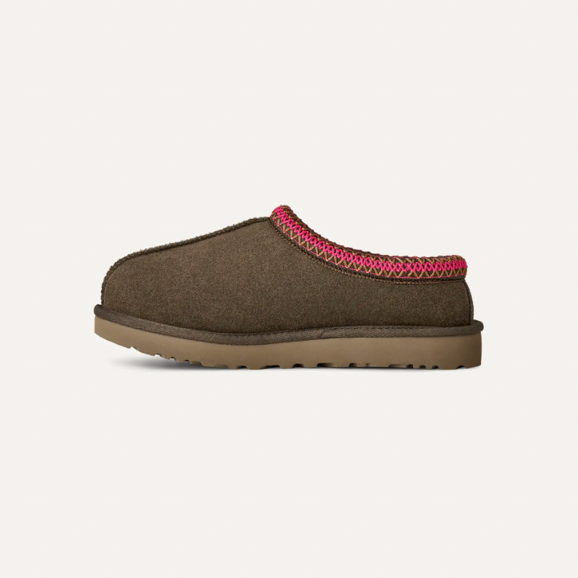 UGG Tasman II women Dense Smoke dark brown suede slip-on with pink braid