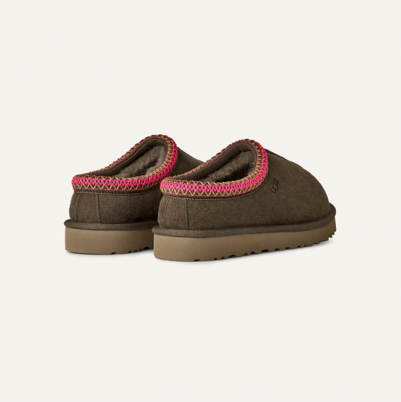 UGG Tasman II women Dense Smoke dark brown suede slip-on with pink braid