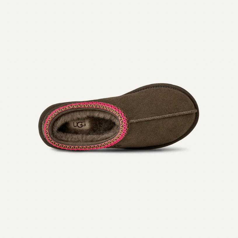 UGG Tasman II women Dense Smoke dark brown suede slip-on with pink braid