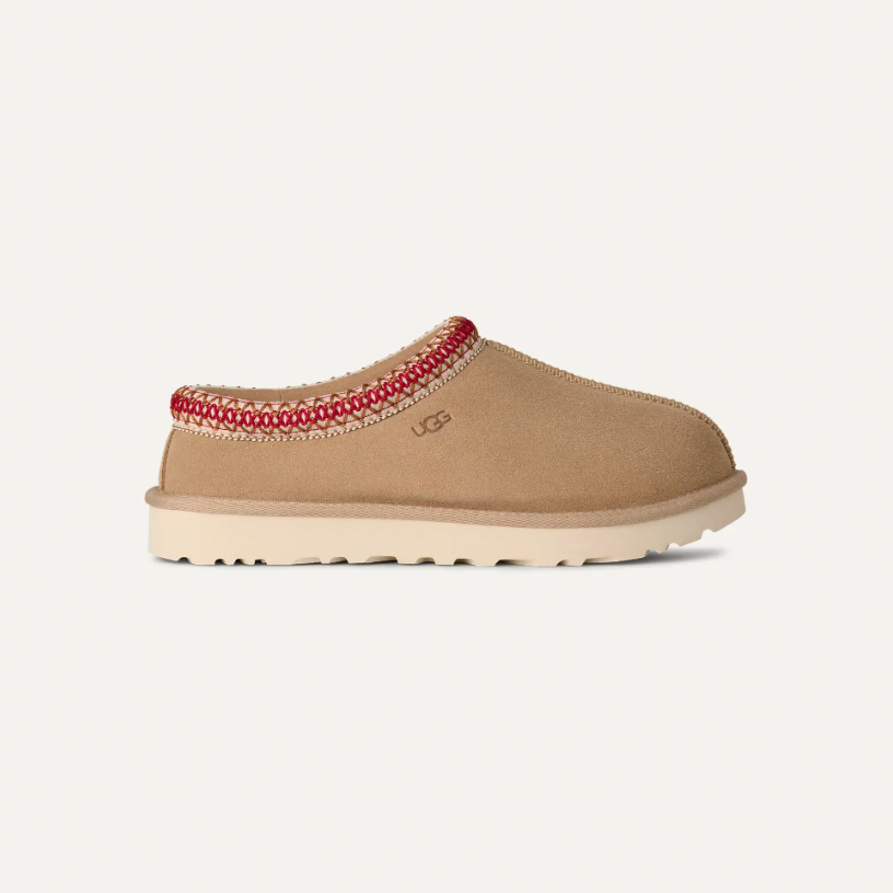 UGG Tasman II women Sand/Chestnut suede slip-on with embroidered braid