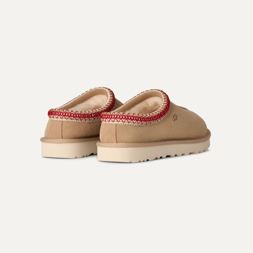 UGG Tasman II women Sand/Chestnut suede slip-on with embroidered braid