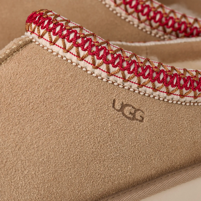 UGG Tasman II women Sand/Chestnut suede slip-on with embroidered braid